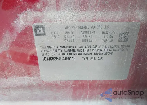 2012 Chevrolet Sonic 2Lt from USA, damaged, VIN 1G1JC5SH4C4166118